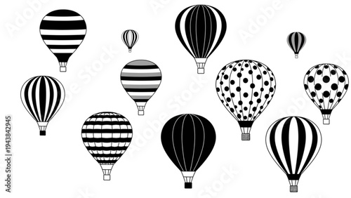 Hot air balloons float gently above ground with various patterns.
