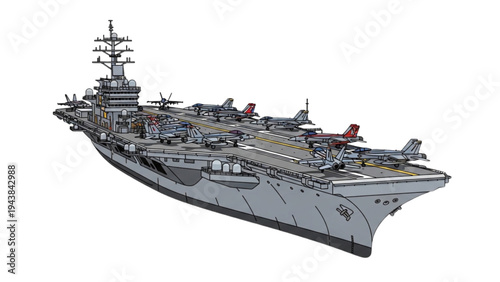 A large military aircraft carrier with fighter jets on deck sails through calm waters near a coastline.