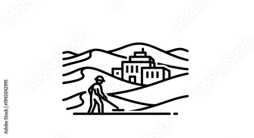 Farmer Cultivating Land with Building in Background, Sustainable Agriculture Concept