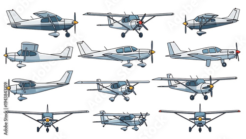 Various small propeller planes are flying in different directions shown from multiple angles.