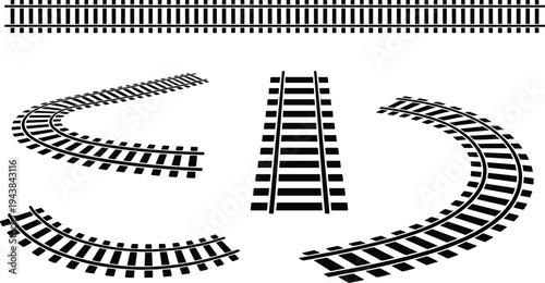 Railway track silhouettes set, straight and curved railroad tracks vector collection, train rail infrastructure transport illustration elements