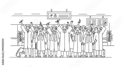 Graduates Celebrating at Airport, Ready for New Adventures Abroad