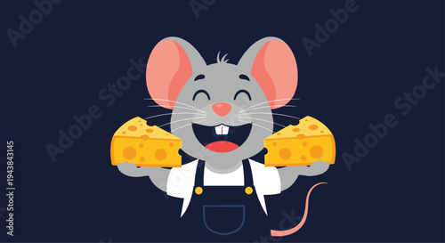 Happy mouse character wearing overalls and holding two large wedges of yellow swiss cheese with holes for food and kitchen design.