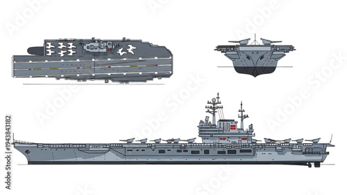 A large aircraft carrier with planes on deck near another ship in the distance