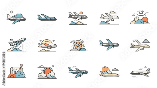 Airplanes are taking off and landing on runway with clouds and sun