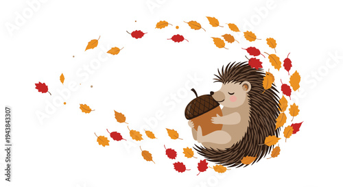 Adorable cartoon hedgehog holding a large acorn surrounded by a swirl of red and yellow autumn leaves on a plain white background.