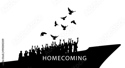 Homecoming Silhouette: People on Ship Deck with Birds Flying Free