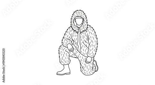 Hunter in Ghillie Suit Camouflage, Crouching Pose, Outdoor Stealth Gear, Hunting Apparel