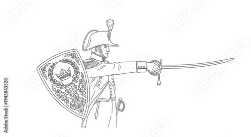 Historical Soldier with Sword and Shield, Military Illustration
