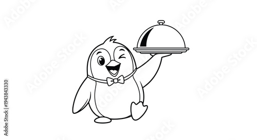 Smiling penguin character dressed as a waiter holding a silver serving tray with a dome lid in black outline.