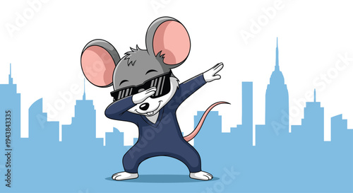 Cool mouse character wearing sunglasses and performing a dabbing dance move with a city skyline background.