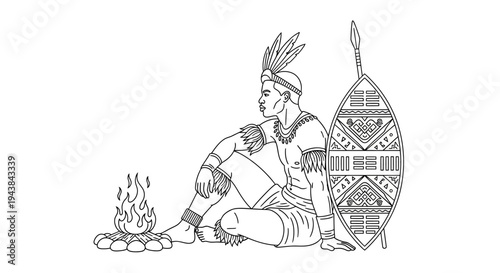 Indigenous Warrior Sitting by Campfire with Shield and Spear
