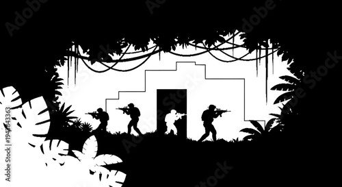Jungle Ambush: Silhouetted Soldiers with Rifles Advancing on Ancient Ruins