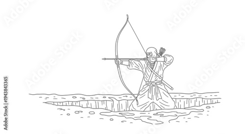 Japanese Archer in Traditional Kimono Aims Bow and Arrow in Cracked Earth