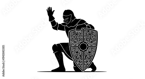 Kneeling Knight Silhouette with Ornate Shield, Waving Hand