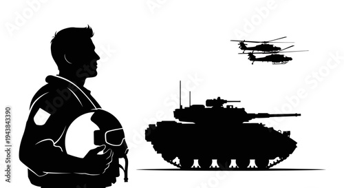 Military Pilot Silhouette with Tank and Helicopters
