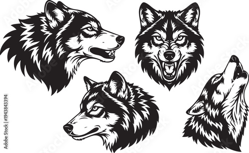 Wolf Head Logo Set – Black and White Vector Wild Wolf Faces Isolated on White Background