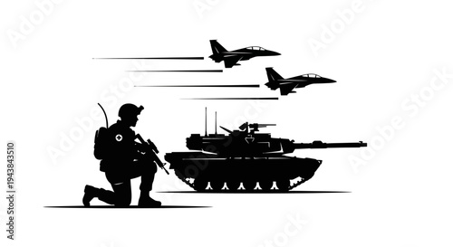 Military Power: Soldier, Tank, and Fighter Jets in Silhouette