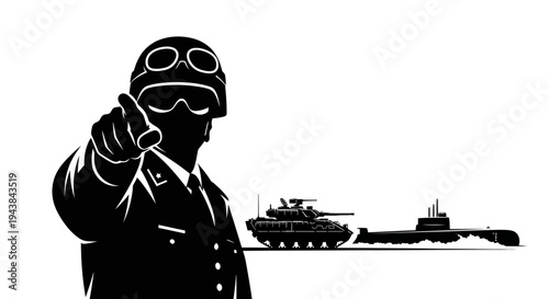 Military Recruitment: Soldier Points Finger, Tank and Submarine in Background