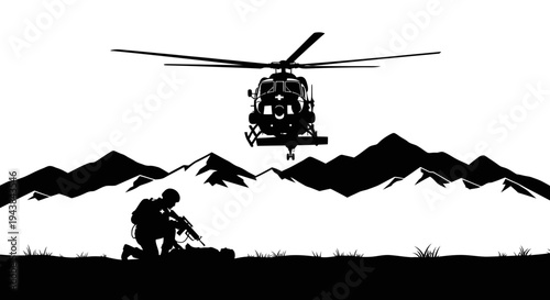 Military Rescue Operation: Soldier with Helicopter and Mountains