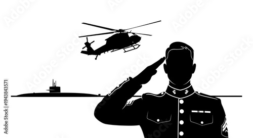 Military Salute: Marine, Helicopter, and Submarine Silhouette