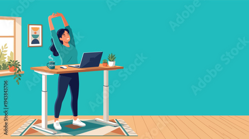 Modern Minimalist Home Office Illustration with Standing Desk and Walking Treadmill