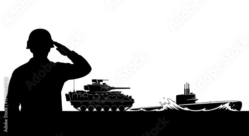 Military Salute: Soldier, Tank, and Submarine Silhouette - Symbol of Defense and Power