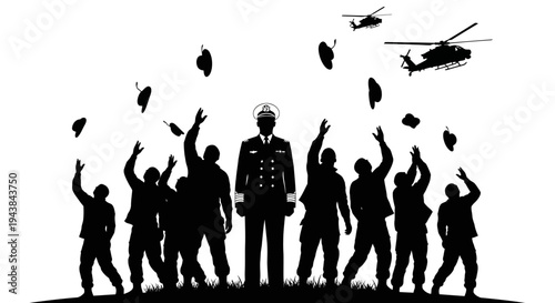 Military Salute: Soldiers Honor Commander with Hats Thrown in Air, Helicopters Fly