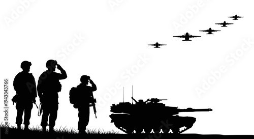 Military Salute: Soldiers, Tank, and Fighter Jets Formation in Silhouette
