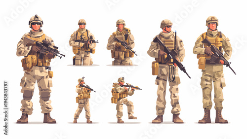 Soldiers in modern army uniform stand ready with guns in desert environment flat vector illustration