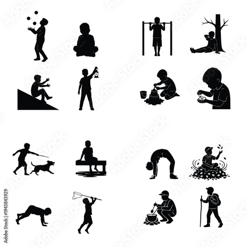 Silhouettes of children engaged in various outdoor and recreational activities