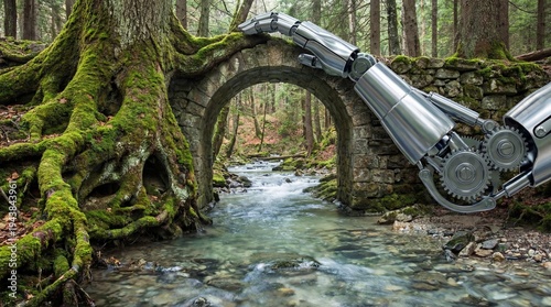 Sunset golden hour over pipeline and trees concept. A robotic arm interacts with nature near a stream and bridge.