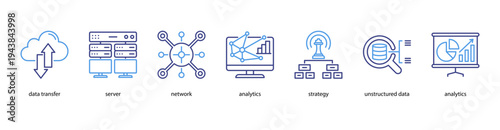 Advanced Analytics web banner icon vector illustration featuring Data Transfer, Server, Network, Analytics, Strategy, Unstructured Data, and Analytics.