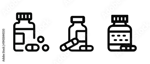 Medicine bottle with pills line icon, pharmaceutical drug container symbol, healthcare medication outline
