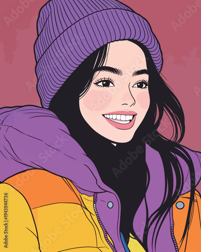 A young woman enjoys a casual outing while wearing a bright winter jacket and a purple beanie. She is smiling and looking happy.
