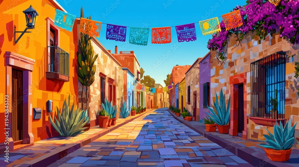 Fototapeta premium Cinco de mayo Charming Cobblestone Street - Vibrant Urban Escape