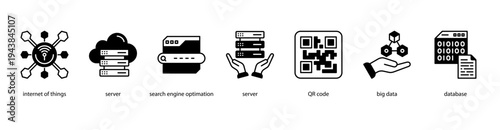 Smart Data Solutions web banner icon vector illustration featuring Internet of Things, Server, Search Engine Optimization, QR Code, Big Data, and Database.