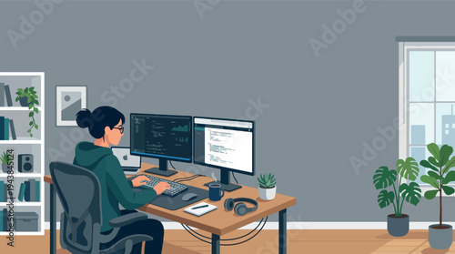 Person Working From Home in Modern Minimalist Workspace Illustration