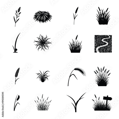 Collection of black grass and plant silhouettes, including wheat, reeds, and bushes, with a path and sign, on white background.