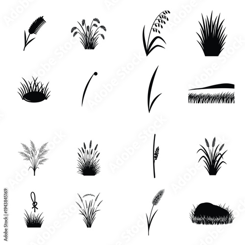 Black silhouette icons of various grasses, wheat, and rice plants