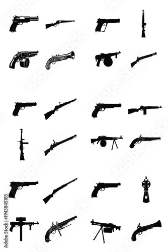 A comprehensive collection of various weapon silhouettes, including pistols, rifles, shotguns, and machine guns, presented as black vector illustrations.