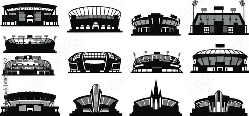 Sports stadium silhouette collection set, modern arena buildings for football soccer baseball events, architectural venue icons isolated, large public sports facilities vector illustration
