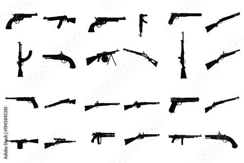 Silhouettes of various firearms including pistols, rifles, and shotguns