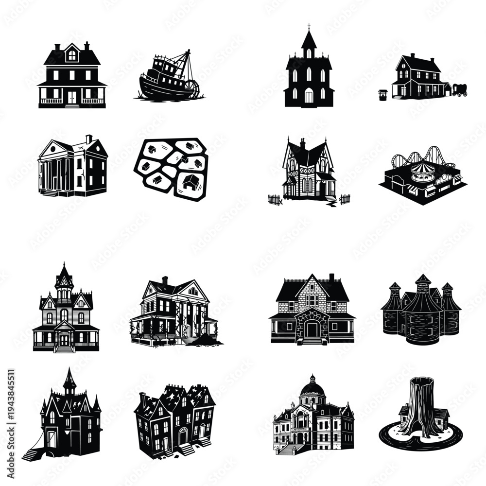 Fototapeta premium Collection of black and white architectural silhouettes including historical houses, gothic church, victorian mansions, abandoned shipwreck, and amusement park structures.