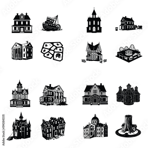 Collection of black and white architectural silhouettes including historical houses, gothic church, victorian mansions, abandoned shipwreck, and amusement park structures.