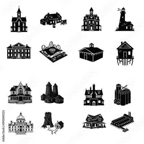 Collection of diverse architectural building silhouettes and structures in black and white vector illustration for design projects.