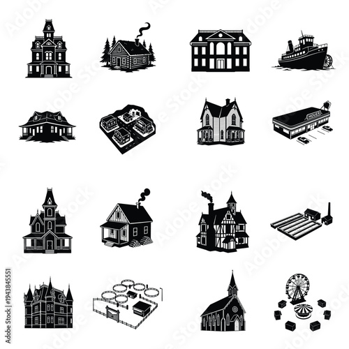 Diverse collection of architectural buildings and structures in silhouette form, including homes, commercial spaces, industrial sites, and recreational venues like an amusement park.