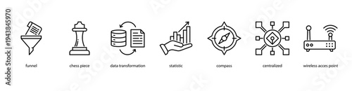 Data Strategy web banner icon vector illustration featuring Funnel, Chess Piece, Data Transformation, Statistic, Compass, Centralized, and Wireless Access Point.