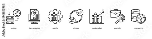 Business Intelligence web banner icon vector illustration featuring Hosting, Data Analytics, Graphs, Choices, Stock Market, Portfolio, and Engineering.