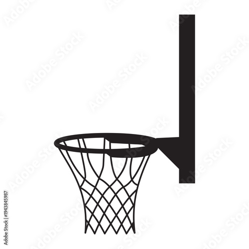 Black basketball hoop silhouette featuring a detailed net attached to a sturdy pole for sports competition logo branding